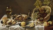 Pieter Claesz Tabletop Still Life with Mince Pie and Basket of Grapes painting